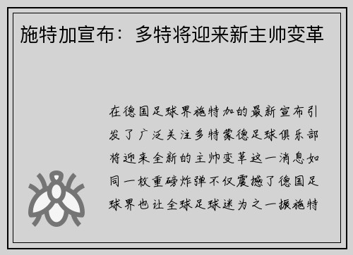 施特加宣布：多特将迎来新主帅变革